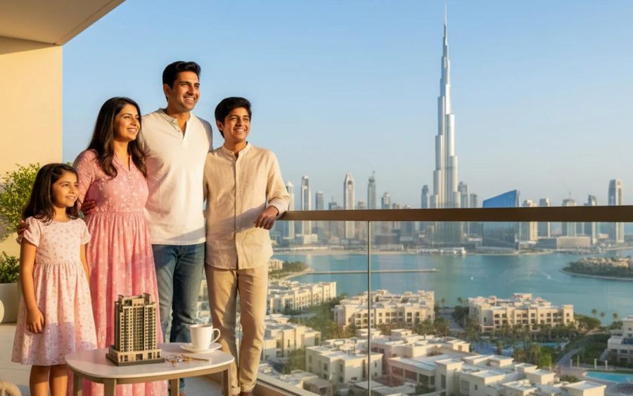 Family on a balcony overlooking Dubai